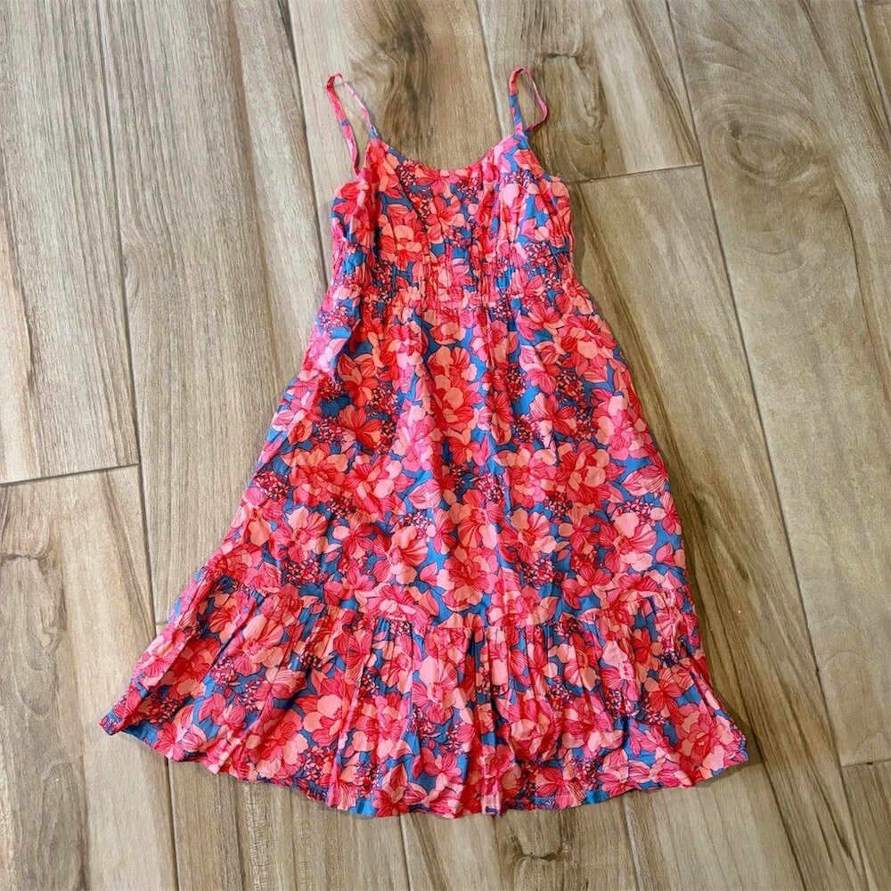 GAP Kids Girls Sundress Size L Pink Blue Floral Smocked Tiered Midi Dress